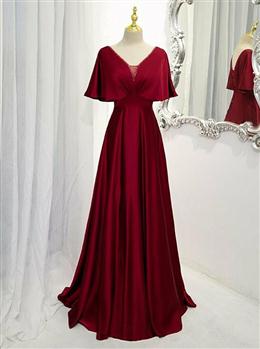 Picture of Dark Red Color Satin A-line Floor Length Evening Dresses, Wine Red Color Wedding Party Dress